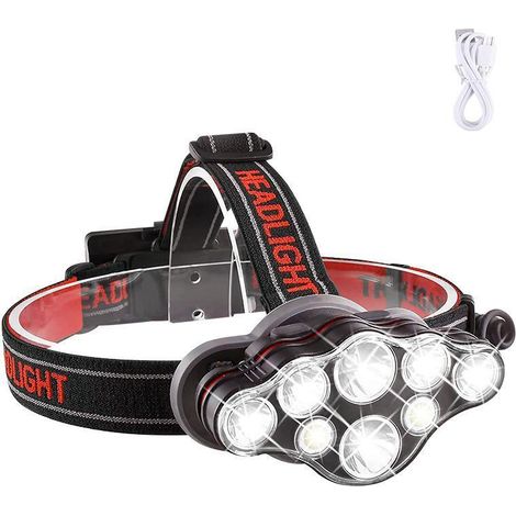 Riloer LED-Stirnlampe, 1000 Lumen, wiederaufladbar, wasserdicht, mit 8 LEDs für Laufen, Angeln, Camping, Wandern und Radfahren