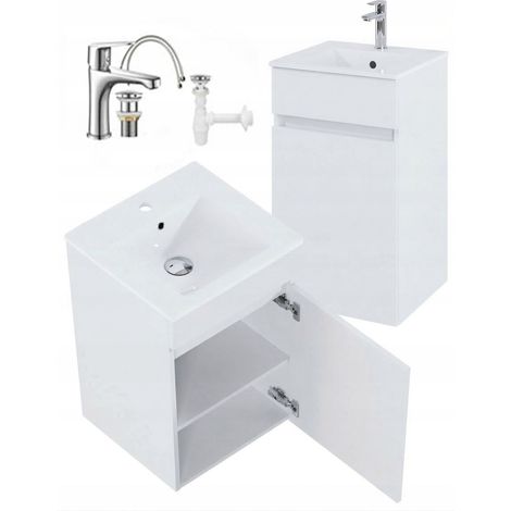 Meuble de salle de bains suspendu avec vasque et robinet, chromé, blanc, 45 x 75,5 cm, Niga (1/4)
