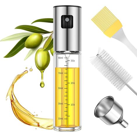 Pulvérisateur d'huile pour la cuisson, vaporisateur d'huile en acier inoxydable de qualité supérieure et verre, 100 ml pour la cuisson, kit de nettoyage en acier inoxydable, pour salade, (1/5)