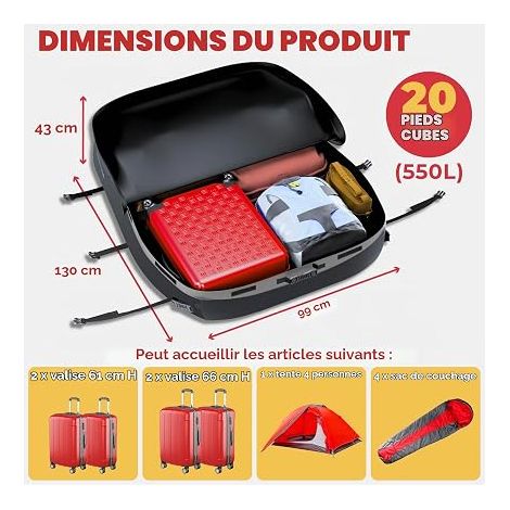 Sac de toit de voiture - Coffre de toit étanche pour voitures et VUS avec ou sans barres de toit - tapis antidérapant, sac de rangement (Gris) (1/4)
