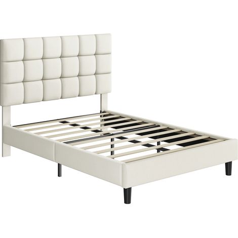 Yaheetech Struttura Letto con Testiera Imbottita Supporto di Doghe in Legno Testiera Quadrata Altezza Regolabile Moderno Beige 140 x 200 cm