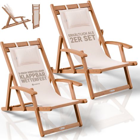 JUSKYS® Sonnenliege Tavira Creme - Klappbar, 3-fach verstellbare Rückenlehne, mit abnehmbarem Kopfpolster, wetterfest, geöltes Akazienholz, 2er Set (1/5)