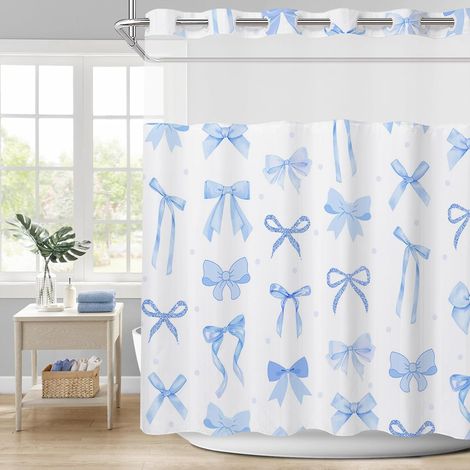 Rideau de douche à nœuds bleus, rideau de douche aquarelle, avec rembourrage à bouton-pression, haut en maille transparente, ourlet lourd, ensemble de rideau de douche en tissu imperméable (1/5)