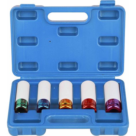 Set of 5 impact sockets for 1/2" wheel nuts, deep wheel protection, 6-point, metric, 15 mm, 17 mm, 19 mm, 21 mm, 22 mm (1/5)