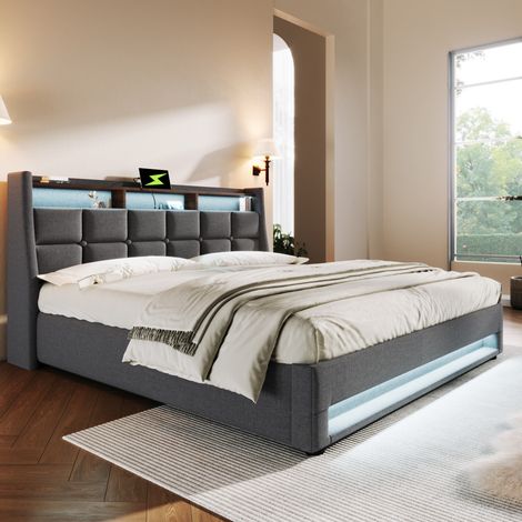 Lit coffre 140x200 cm en lin gris avec LED, USB et sommier à lattes, matelas inclus (1/5)