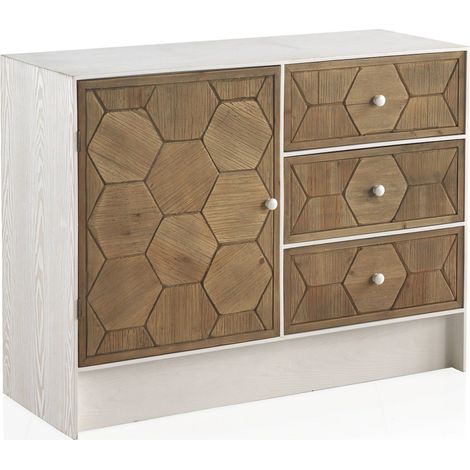 Commode blanche bois de fresno porte et tiroirs décor hexagonal - Blanc vieilli et bois naturel (1/5)