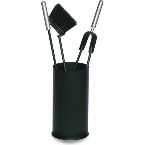 Porta attrezzi camino acciaio nero manico argento 3 accessori h.60 d. 16 cm.  Made in Italy