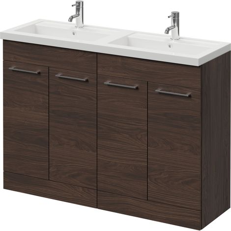 Napoli 390 Brown Oak 1200mm 4 Door Vanity Unit with Double Lucia Basins - 1200mm - Chrome 160mm Handle