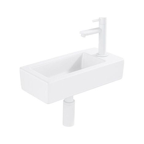 QeramiQ Fuente Ensemble lave-mains - 37.5x18.5x9cm - céramique - trou de robinet à droite - robinet de lave-mains blanc mat - bonde - siphon abaissé -