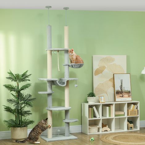 Árbol para Gatos de Suelo a Techo 225-255 cm con Hamacas Plataformas Juguete de Cuerda Bola de Juguete Gris (1/5)
