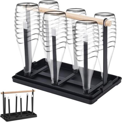 Égouttoir à bouteilles et mugs, porte-bouteilles en métal pour 6 bouteilles, séchoir antidérapant avec poignée en bois, organiseur compact de cuisine, noir (1/5)
