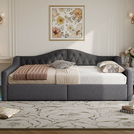 Lit canapé double-LED-rembourré-gris-avec rangement intégré-213,5x146,5x69cm-Sans Matelas (1/5)