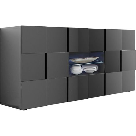 REBECCA - Buffet 2 Portes 2 Tiroirs Finition Laqué Gris Carbone Relief Damiers et Leds (1/4)