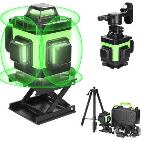 Crezuo 4 x 360° 16-Linien Grüner Selbstausgleichs-Drehlaser für vertikale und horizontale Nivellierung, wasserdicht (IP54), 2 x 2400-mAh-Akkus, mit Stativ