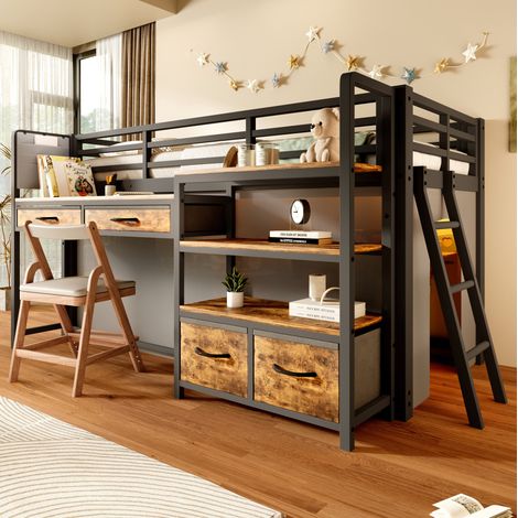 Lit mezzanine enfant 90x200 cm en métal et MDF noir avec bureau et rangements intégrés - CHICFURN (1/5)