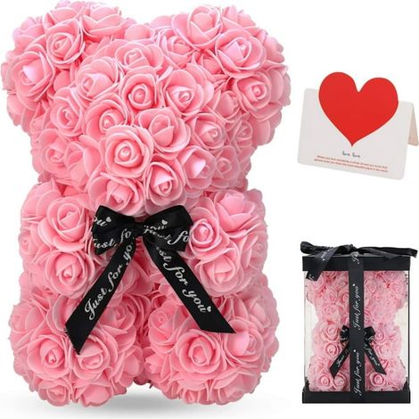 Ours en roses artificielles de 25 cm, ours fleuri rose, cadeau pour Saint-Valentin, mariage, fête des Mères et anniversaire, avec boîte cadeau transparente (Rose)