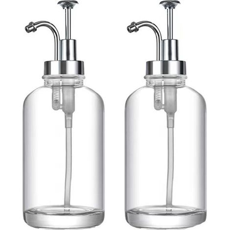 Flacon Pompe Réutilisable - Lot De 2 - 500ml - Verre Transparent - Pompe Argentée - Savon Liquide/Shampoing/Liquide Vaisselle - Avec Autocollants + Entonnoir - Pour Maison/Htel/Cuisine - Transparent + (1/3)