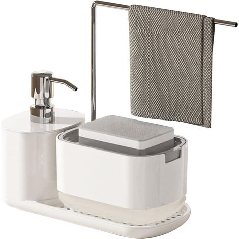 Dispensador de jabón líquido para cocina con porta esponja y porta paño, rellenable, color blanco.