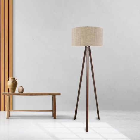 Lámpara de pie Trípode Newport 1xE27 20 W MDF textil 21 x Ø 38 cm - Marrón claro / Efecto madera [lux.pro]