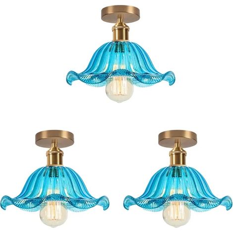3x Plafonnier Moderne en Verre Bleu,25cm Lampe de Plafond Vintage Industriel Design Fleur E27 Lustre Style Nordique pour Salon (1/5)