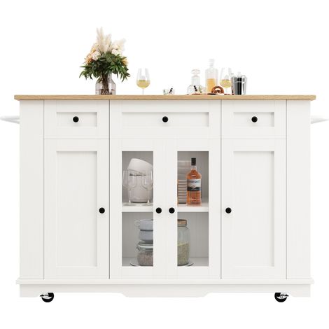 CAIziÎlot de cuisine avec cloisons amovibles, meuble de cuisine, chariot de salle à manger avec plan de travail, buffet à aspect veinage bois, armoire en verre trempé, blanc