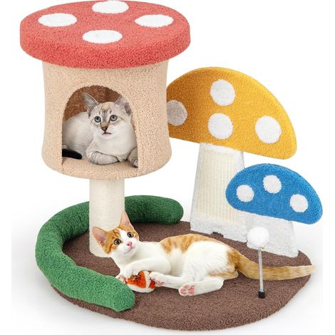 COSTWAY 4 en 1 Árbol para Gatos con Condominio y Plataforma, Torre en Forma de Hongo con Poste de Sisal, Tabla para Rascar y Bola de Resorte, Soporte para Escalar Gatos (60 x 49 x 59)