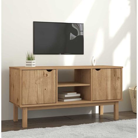 Meuble TV scandinave en bois de pin massif avec rangements 113,5 x 43 x 57 cm - PANGIVO (1/5)