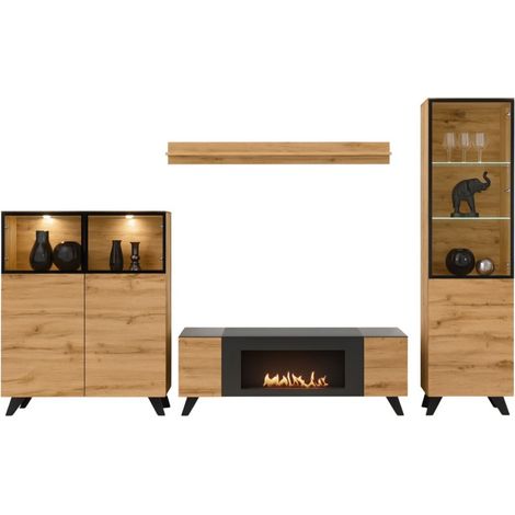 Conjunto de salón TINO con chimenea de bioetanol – Roble oscuro y negro – L340 cm
