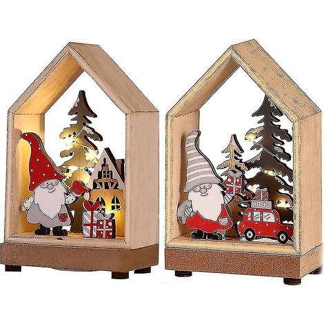 Lot de 2 guirlandes lumineuses LED en bois représentant une maison de Noël, le Père Noël, un bonhomme de neige et un renne. Mini-pendentifs en bois. (1/5)