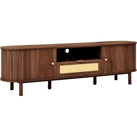 Mobile TV moderno in MDF color noce 175 cm con cassetti e scomparti aperti (1/5)