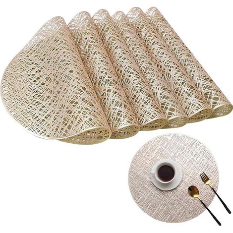 6pcs Round Gold Platemats, Tapis de Table en PVC pour Le Restaurant Café Accueil Décoration de Cuisine (Ligne Gold) (1/5)