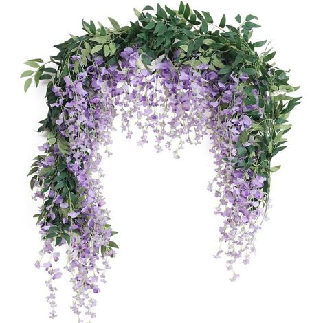 Un conjunto de dos coronas de glicinia artificial, de 2 metros de largo, adecuadas para exteriores, interiores, bodas, paredes, baños y otras ocasiones (violeta). (1/4)