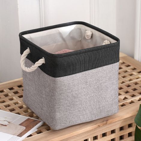 Lot de 1 Boîte de Rangement Pliable en Jute et Coton Noir et Gris avec Poignée, Panier à Linge, Idéal pour Bibliothèque, Étagère et Salle de Bain. (1/5)