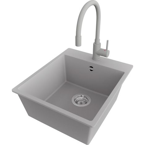 PRIMAGRAN Evier Cuisine en Granit 43x50cm,Lavabo 1 bac + Robinet 38x14cm + Kit de Vidage, Évier à Encastrer au meuble 45cm - Riga, Gris (1/5)