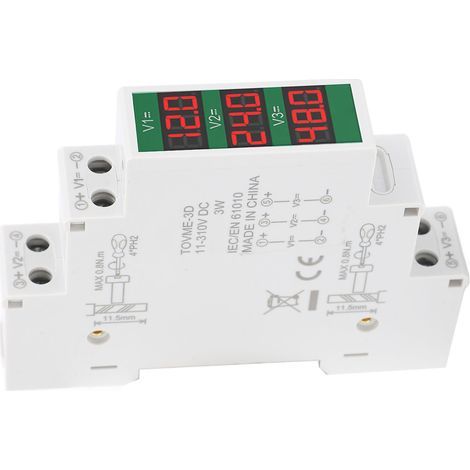 DIN Rail Voltmeter, 3-Digit LCD Display, Triple Channel Isolated Modular Voltage Meter, DC11-310V (1/5)