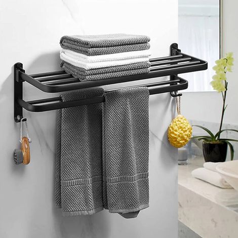 – Porte-serviette mural pliable en aluminium noir mat – Double couche 60x21x17 cm – Résistant à la corrosion – Installation facile (1/5)