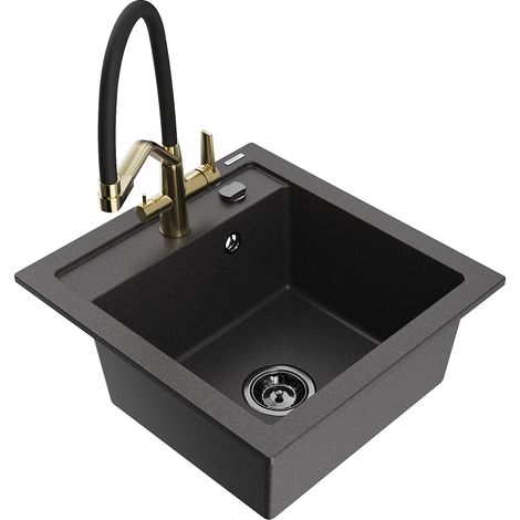 Mexen Vito fregadero de granito de 1 taz贸n con grifo de cocina Duo, negro moteado - 6503-76-671701-57-B (1/5)