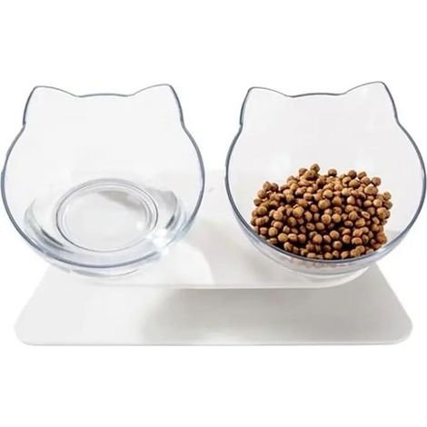 Gamelle pour chat double surélevée, inclinaison de 15°, station d'alimentation surélevée pour animaux de compagnie, nourriture et eau anti-vomissements, support antidérapant, design d'oreilles de chat (1/5)