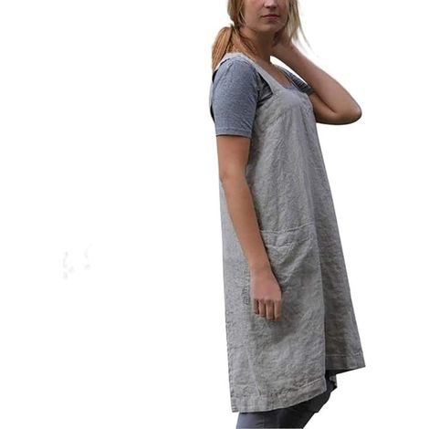 Grembiule da donna con spalline incrociate, grembiuli in cotone con tasche per giardinaggio, cucina, pittura, pasticceria, grigio (1/5)