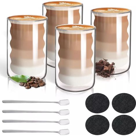 Verre Thermo Double Paroi - 350 ml - Verre Borosilicate - Pour Café Thé Latte Macchiato - Lot de 4 (1/5)