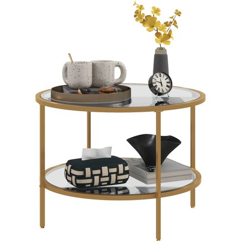 Table d'appoint, design moderne, 2 étagères, Ø60 x 43 H cm, finition dorée (1/5)