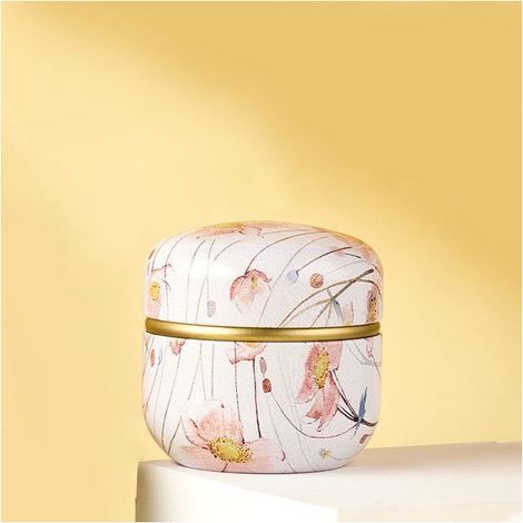 Boîte à thé ronde - Boîte à thé - Boîte à thé en métal - Style vintage - Petit pot de rangement - 8,5 × 8,5 × 8,5 cm - Blanc rosé - Fer (1/5)