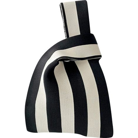 Shopping Bag Grocery Bag Strip Pattern Large Capacity Foldable Resuable Woven Purse Bag for Daily Travel Black White (1/5)