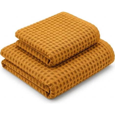 Asciugamani Nido d'Ape 100% Cotone 330 g/m² Made in Italy – Set 2 Pezzi (60x110 + 40x60) Tex Family – Ocra
