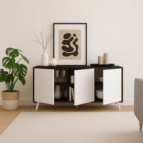Dmora - Aparador Weddell, Bufé de salón, Aparador de salón, Despensa de cocina, 154x40h72 cm, Antracita y Blanco (1/5)