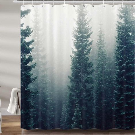 Rideau de douche décoratif Forêt de brouillard, sapin et pin anciens, vue sur la montagne, en polyester de qualité supérieure (1/5)