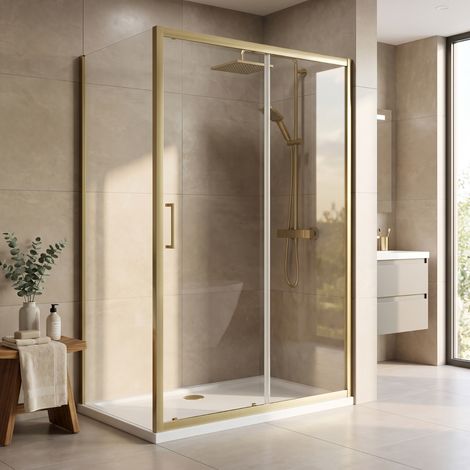 1100 x 900mm Sliding Shower Enclosure 8mm Glass Brass Framed Enclosure (1/5)
