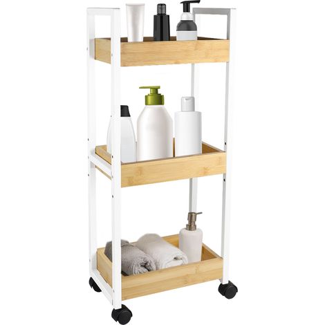 Hofuton Desserte de cuisine, chariot en bambou, 3 niveaux, Hxlxp : 20x30x80 cm, 4 roulettes, salle de bain, blanc (1/5)