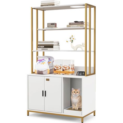 COSTWAY Cat Litter Box Enclosure 154cm Hidden Cat Washroom Furniture-White (1/5)