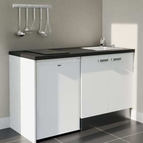 Kitchenette K17L-PT - 140 cm - plan stratifié, évier inox, - Façade Blanc - Plan Noir texturé - Evier Inox - Crédences Non + Electroménager inclus coloris Blanc